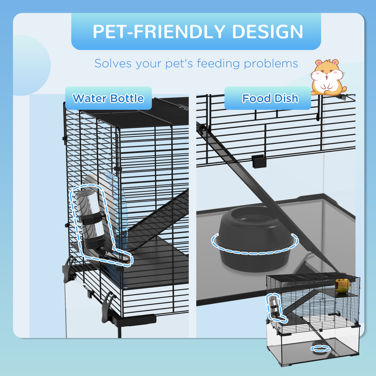 PawHut 3-Tier Hamster Cage with Glass Bottom, Dish & Hut, 60x40x57cm
