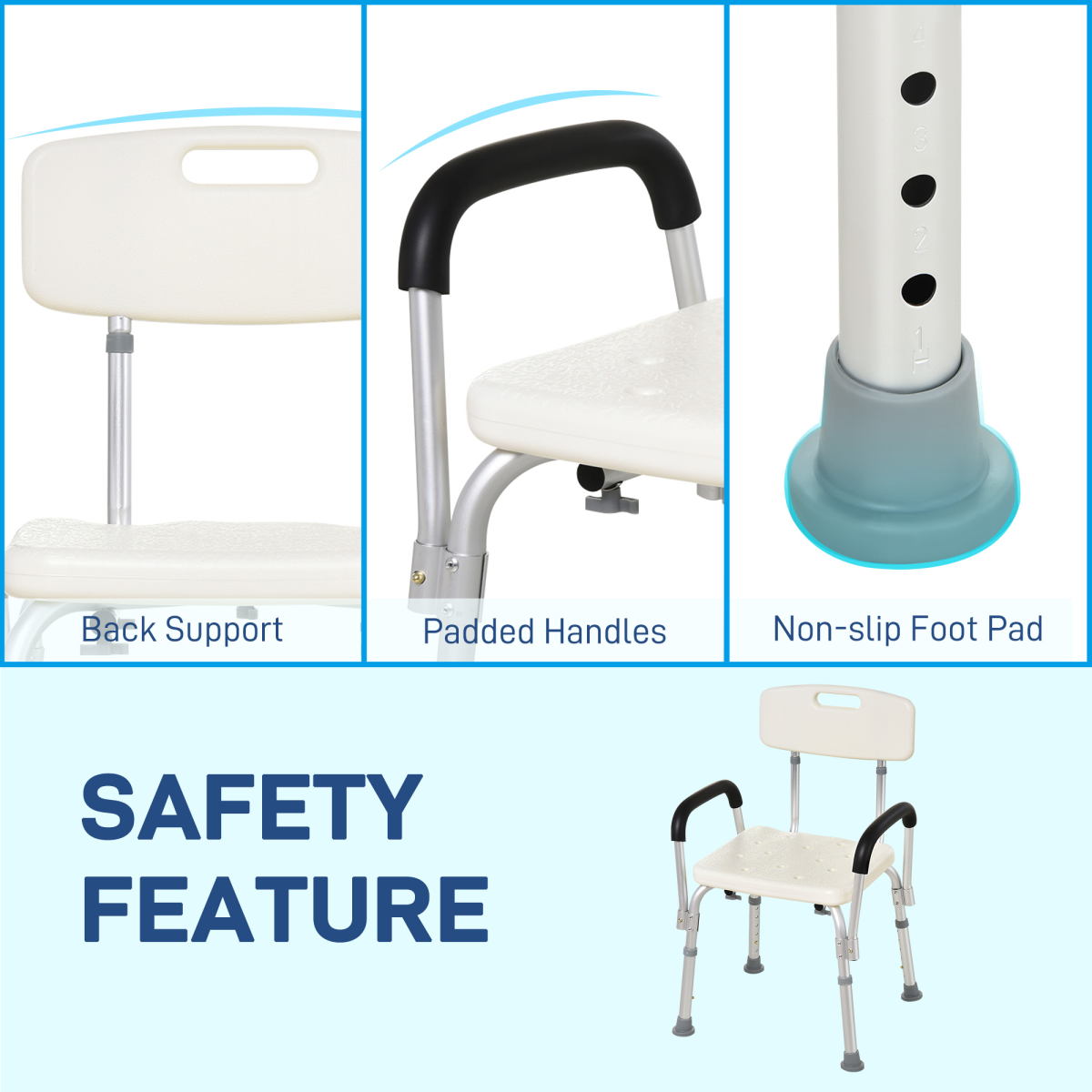 HOMCOM Height Adjustable Aluminum Shower Chair with Removable Back Support, Padded Armrests, Padded Handles, Non-Slip Tips, 135kg Capacity
