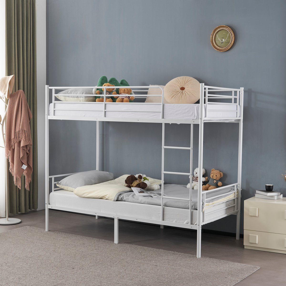【Same Code:99091194】Twin Over Twin Bunk Bed for Kids Teens Adults, Heavy Duty Metal Bunk Bed with Ladder & Full-Length Guard Rail & Storage Space, White