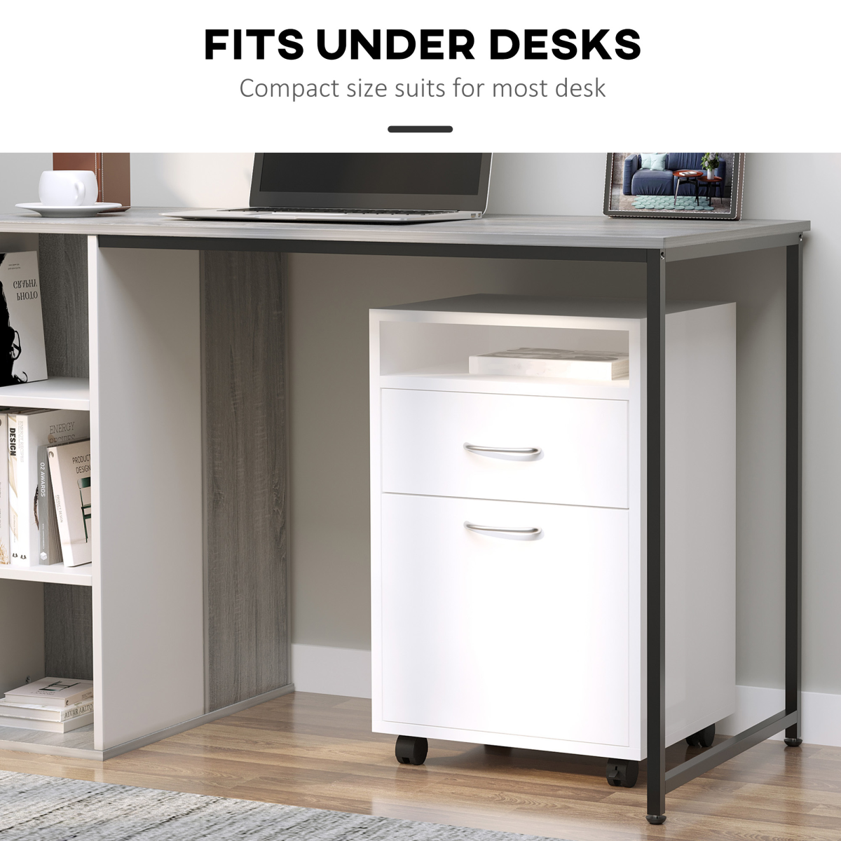 HOMCOM 60cm Storage Cabinet with Drawer, Open Shelf, Metal Handles, 4 Wheels, White