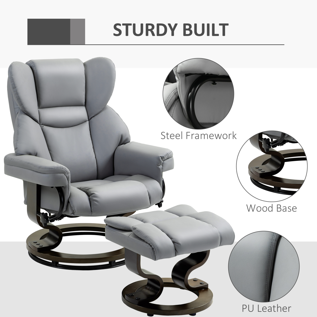 HOMCOM Manual Swivel Recliner Armchair with Footstool, Light Grey