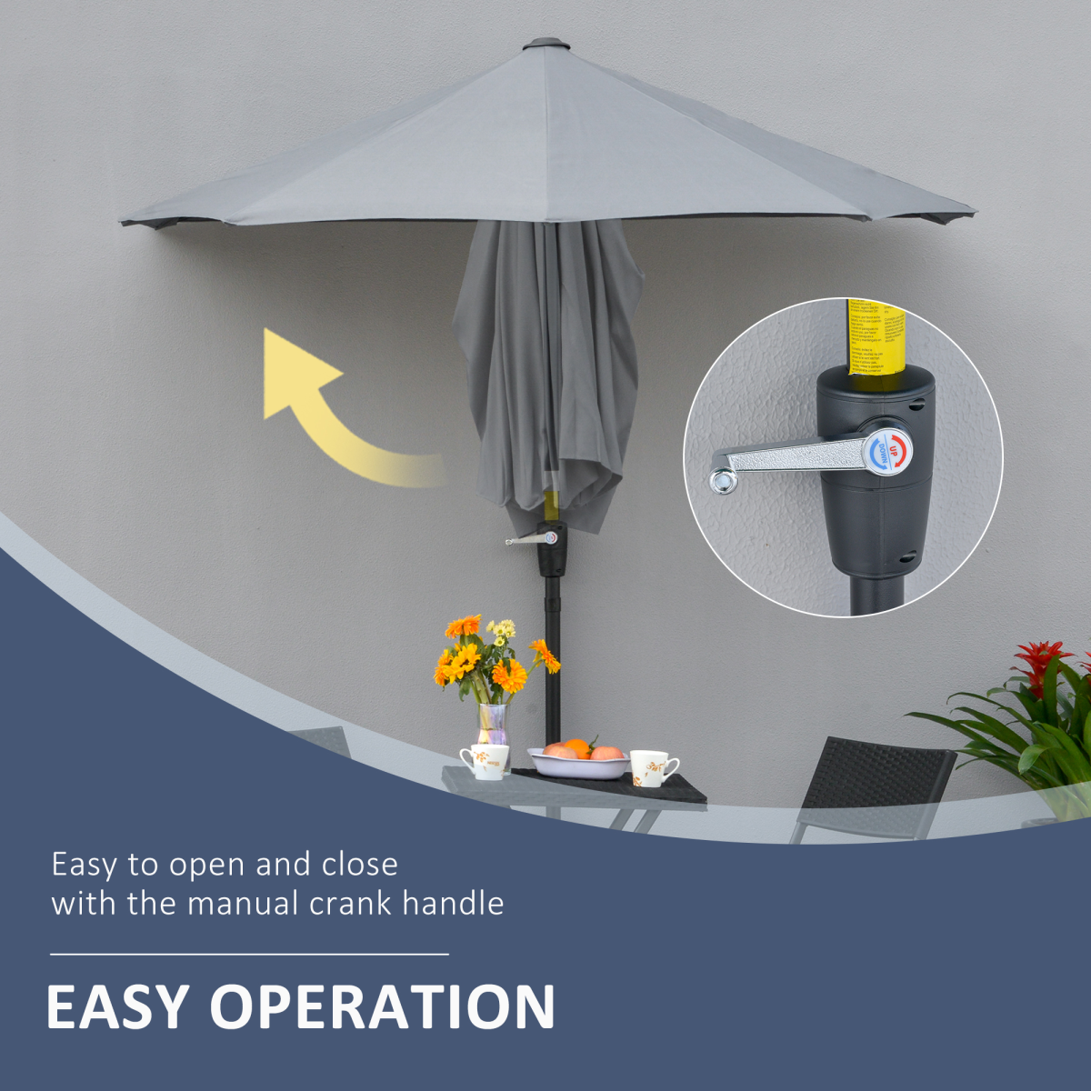 Outsunny 2m Half Garden Parasol Umbrella with Crank Handle, Dark Grey