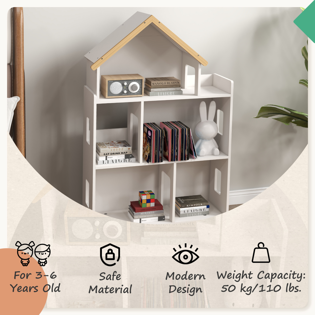 ZONEKIZ 3-Tier Toy Storage Shelf, 6 Cubby Organizer, White for Playroom & Bedroom