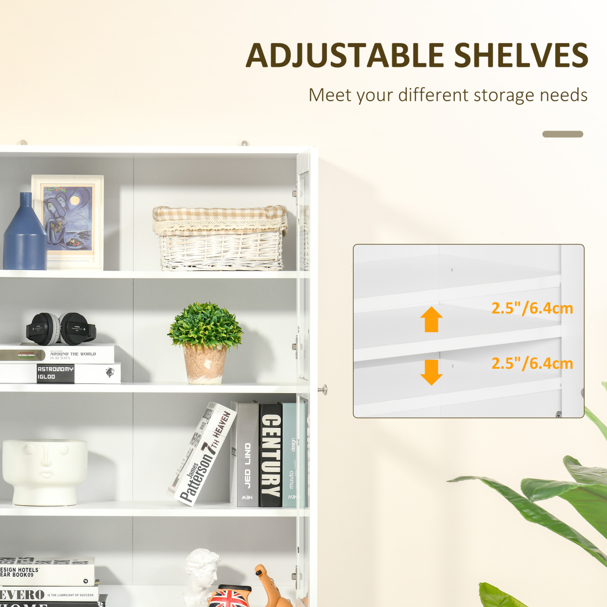 HOMCOM Modern Bookcase Storage Cabinet with Glass Doors, Adjustable Shelves