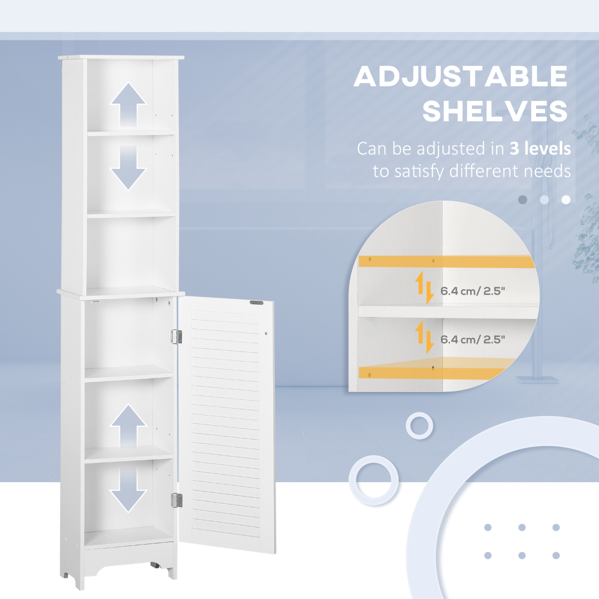 HOMCOM 6-Tier Tall Bathroom Storage Cabinet White with Open Shelves, Adjustable Shelves and Cupboard