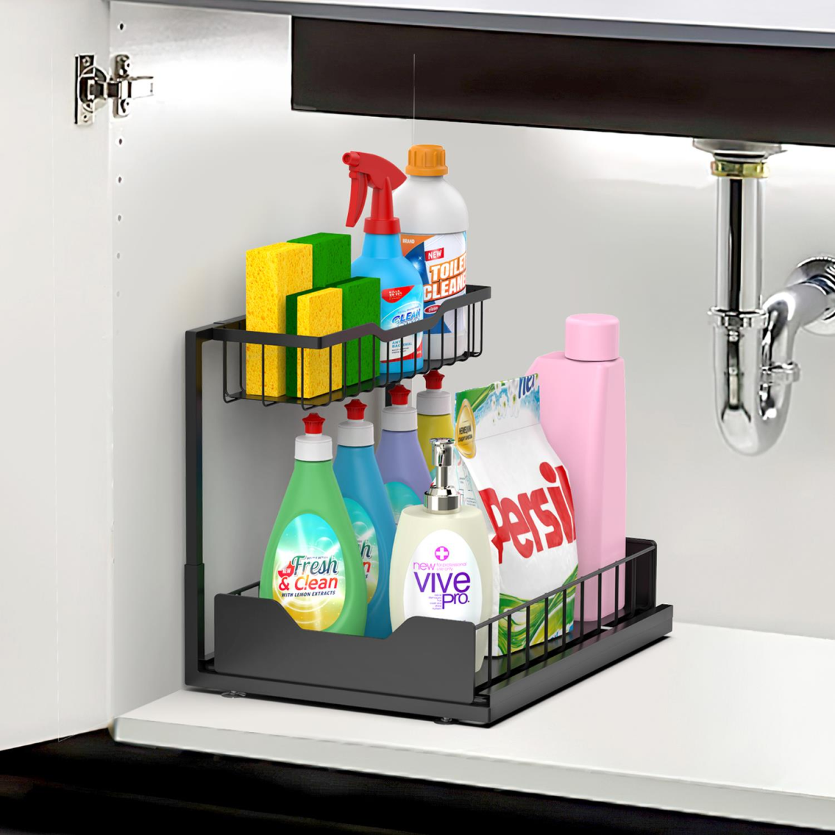 Vinsani Metal Under Sink Storage with Suction Cups for Cabinets, Kitchen and Bathroom Organiser