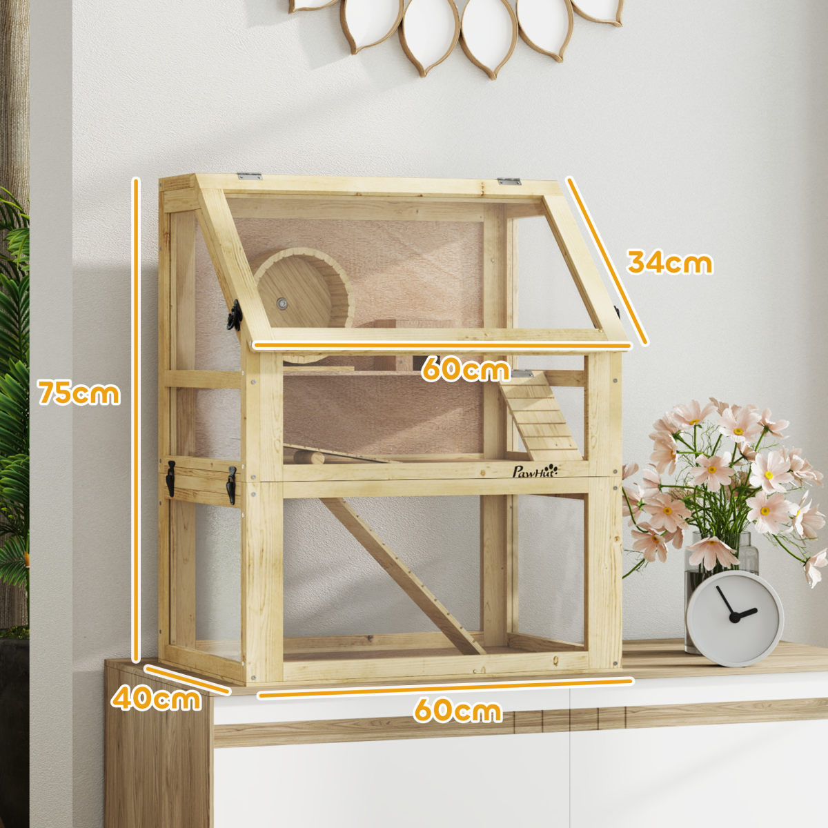 PawHut Wooden Hamster Cage with Detachable Bottom, Three-Layer Design, Hut and Seesaw, 60 x 40 x 75cm