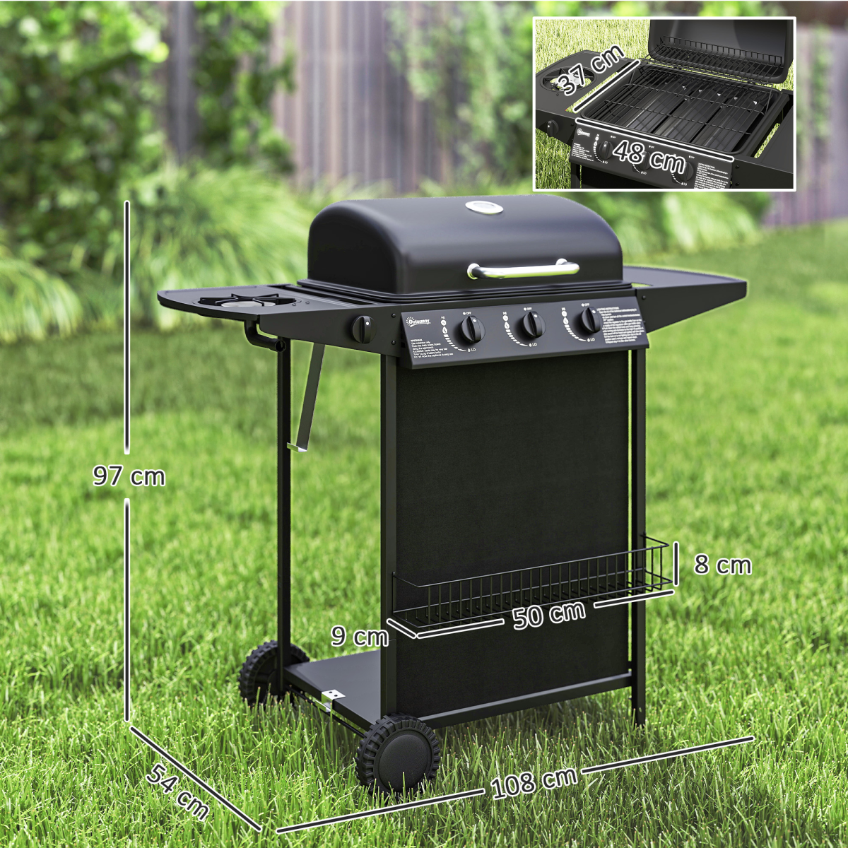 Outsunny 4-Burner Gas BBQ Grill with Side Burner and Lid, Black