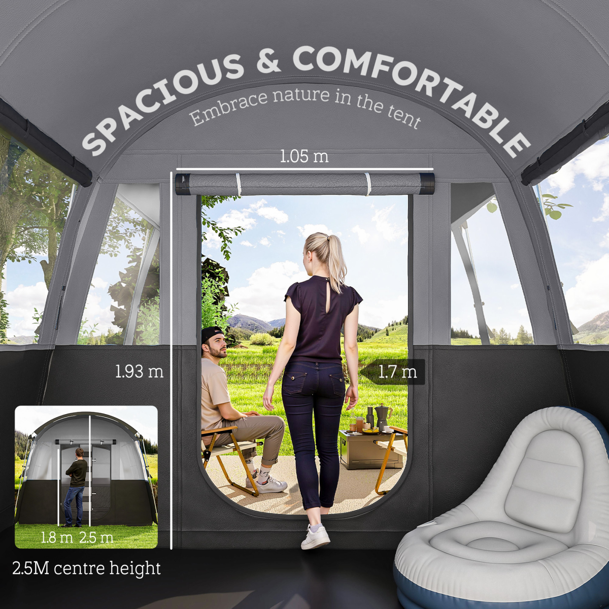 8-Person Camping Tent Tunnel Design with 4 Large Windows Dark Grey