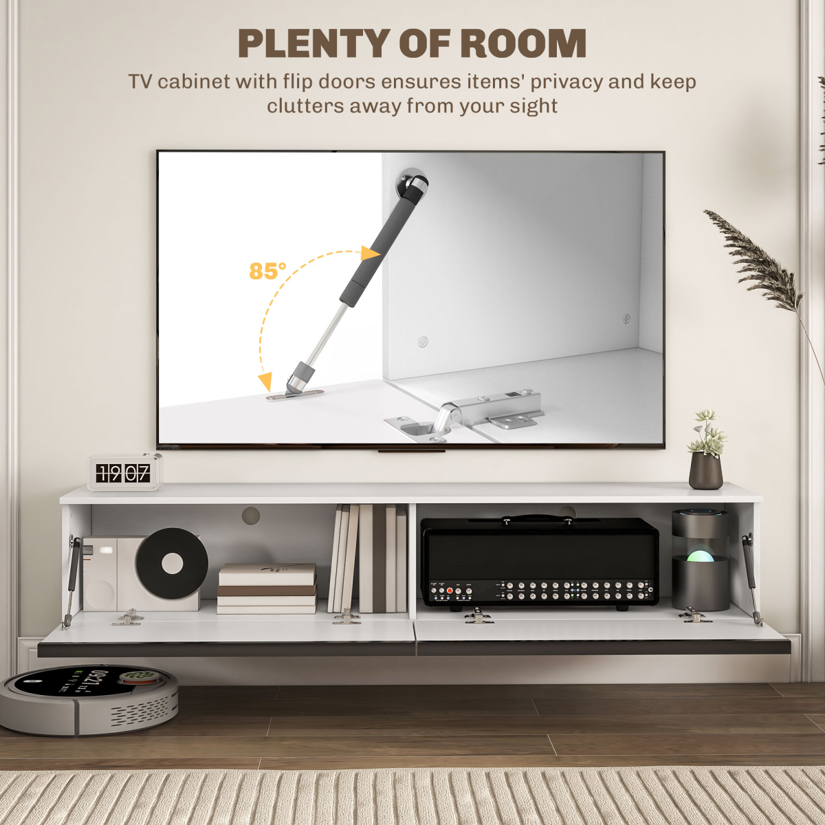 HOMCOM Wall Mounted Floating TV Stand with 2 Cupboards, White, for TVs up to 70