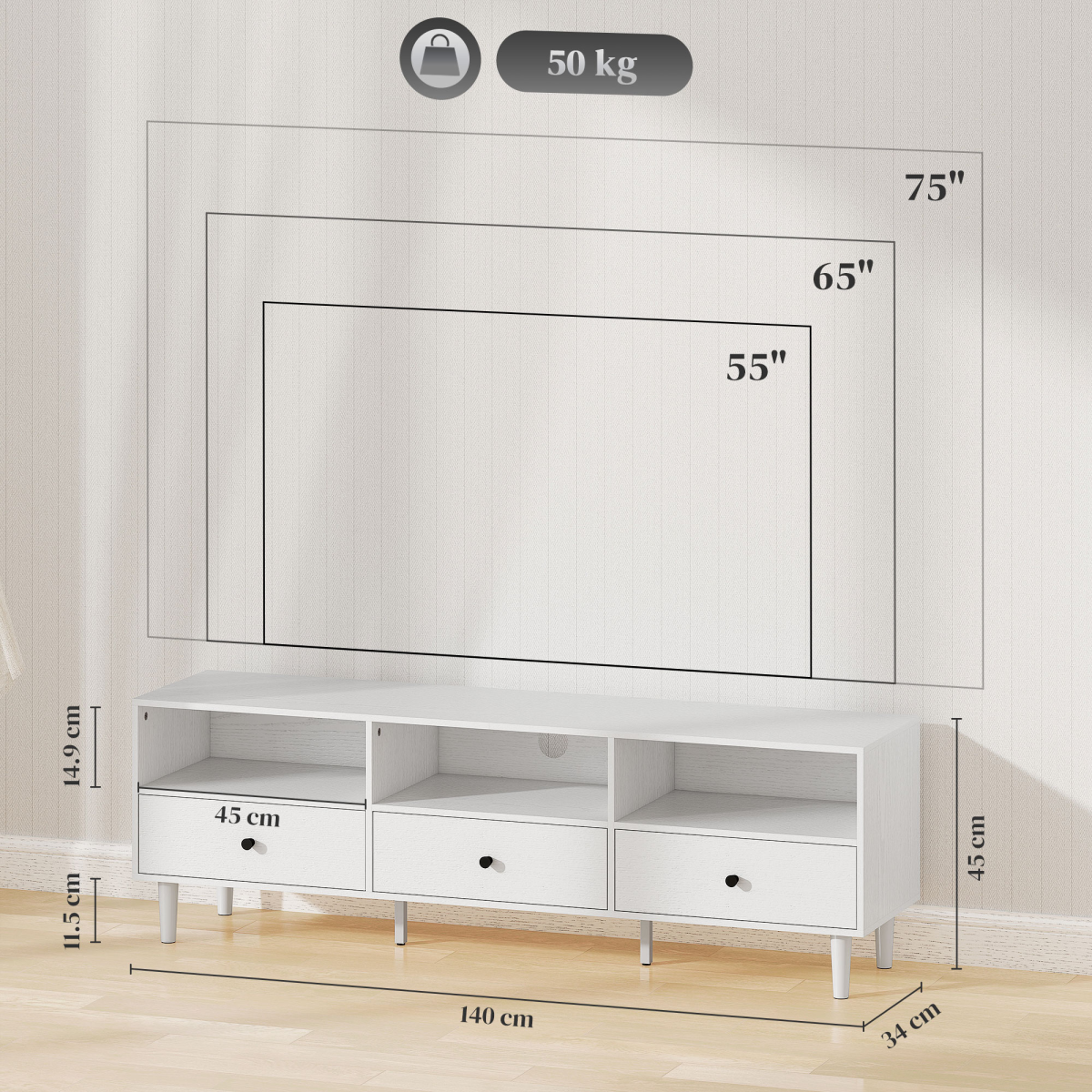 HOMCOM White TV Unit for Up to 75", 3 Drawers, 3 Shelves