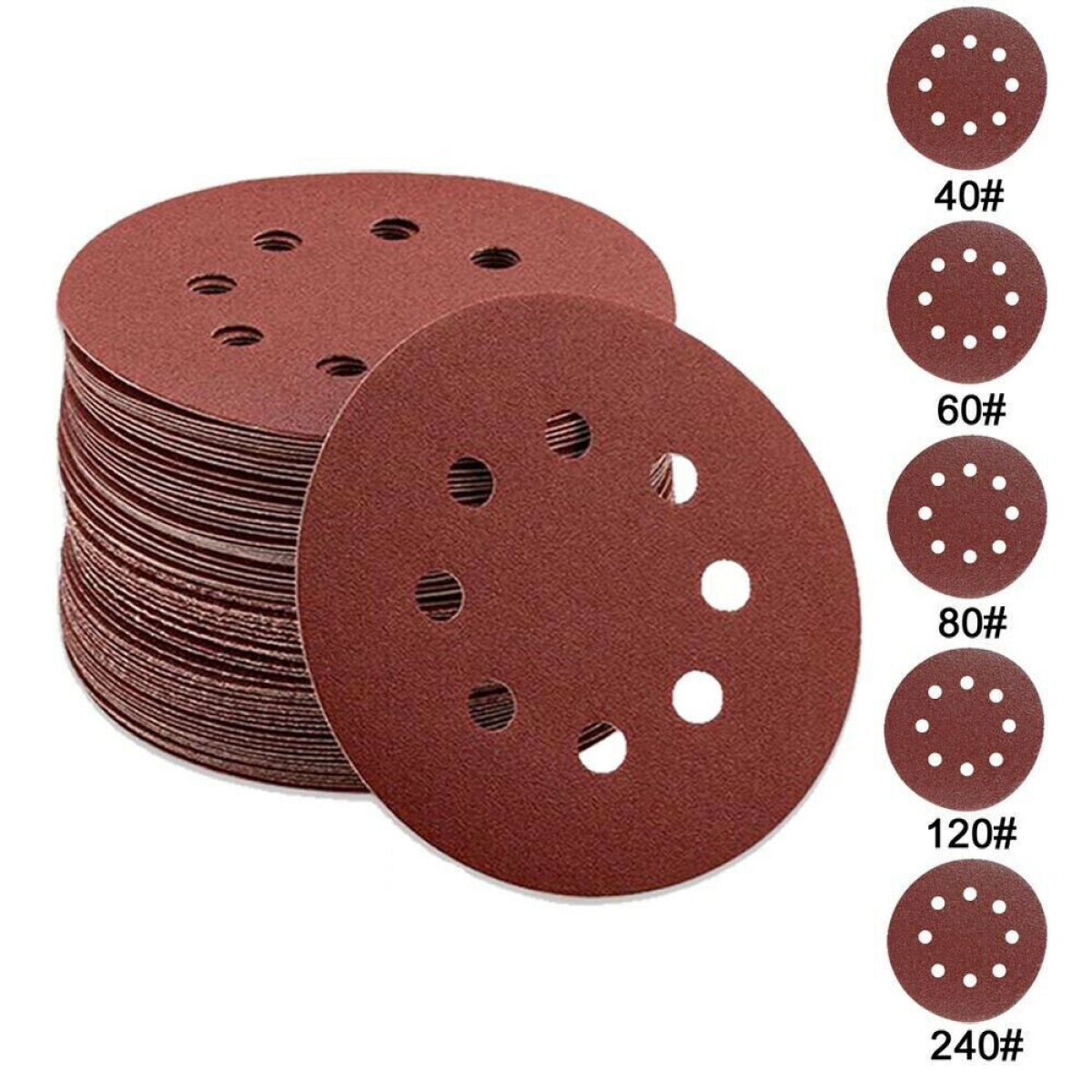 125Pcs - 5" 8 Hole Sanding Discs 40 60 80 120 240 Grit Orbital Sander Pad UK
