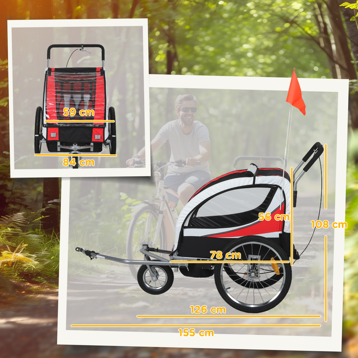HOMCOM 2-Seat Kids Bike Trailer with Safety Harness, Red