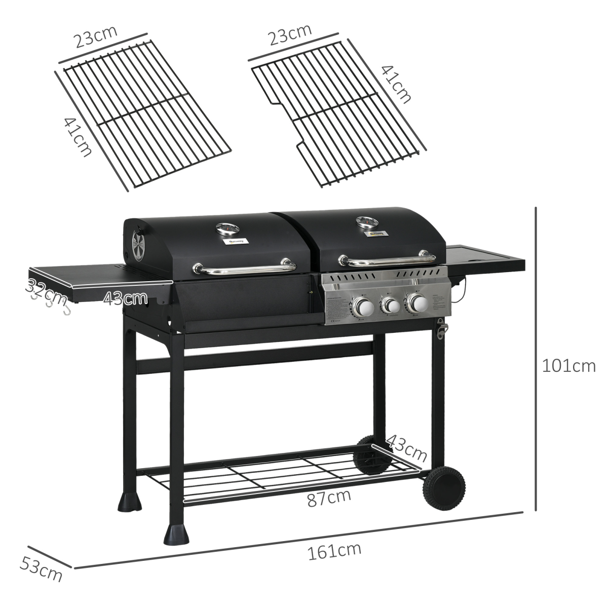 Outsunny Dual Fuel BBQ Grill with Wheels and Warming Rack