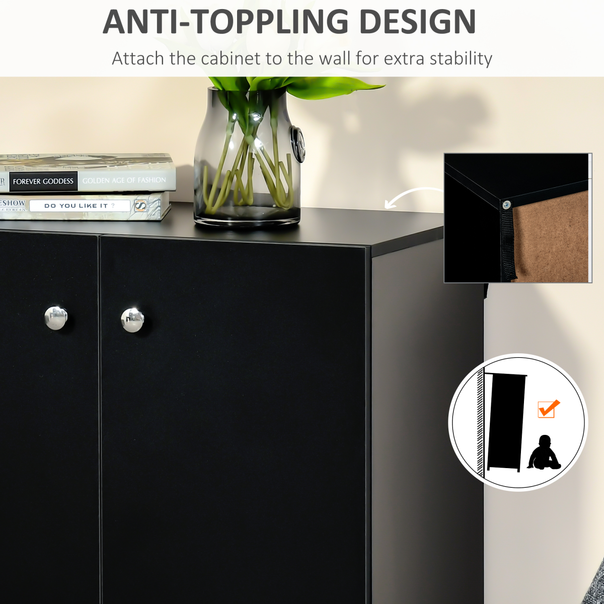 HOMCOM Freestanding Storage Cabinet with Two Shelves, Wooden Sideboard, Black