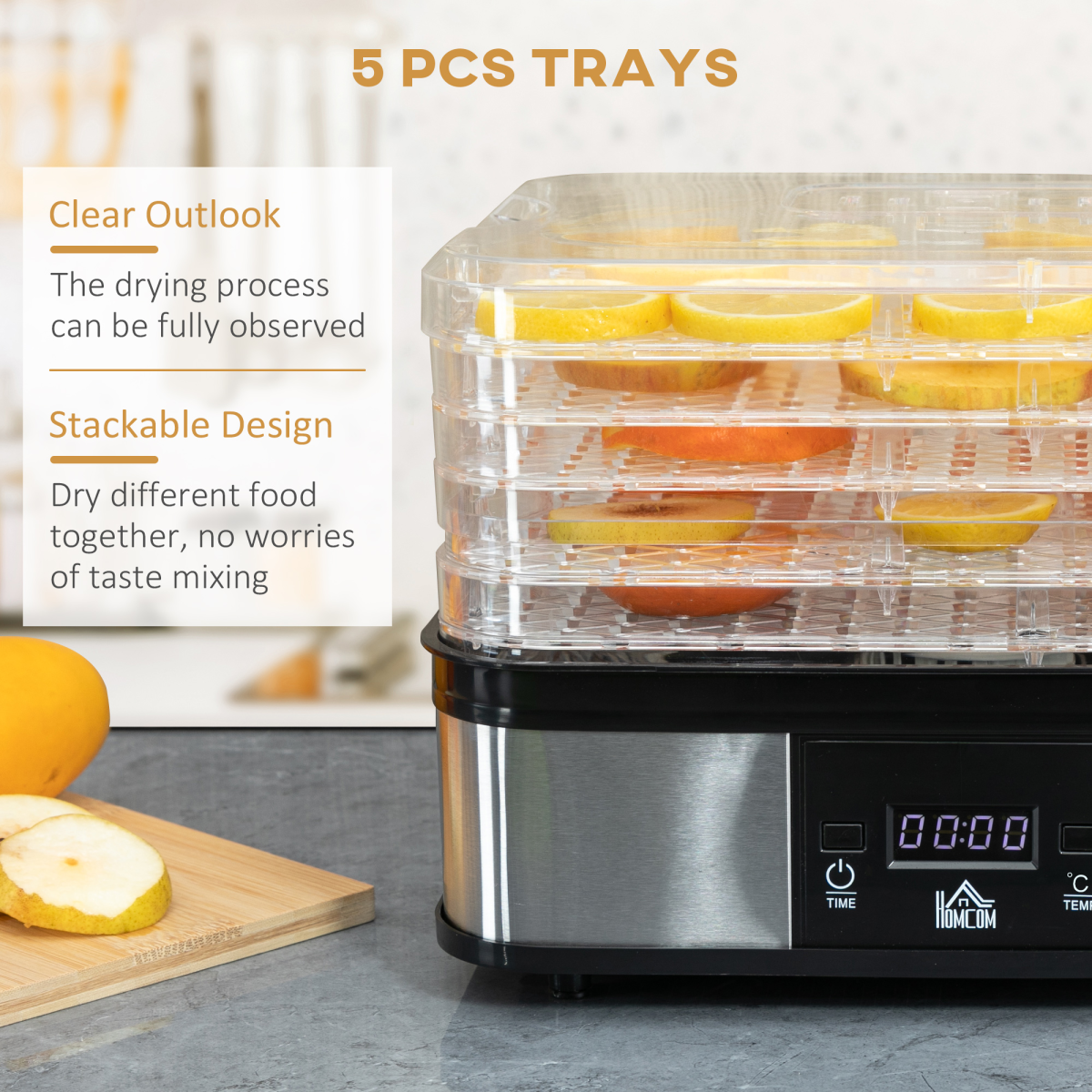 HOMCOM 5-Tier Stainless Steel Food Dehydrator, 245W, LCD Timer