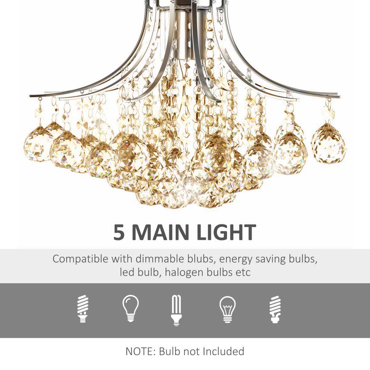 HOMCOM Modern K9 Crystal Chandelier Ceiling Light, 3-Light E14 Flush Mount, 43 Crystal Balls, 140 Octagonal Beads, Bulbs Not Included