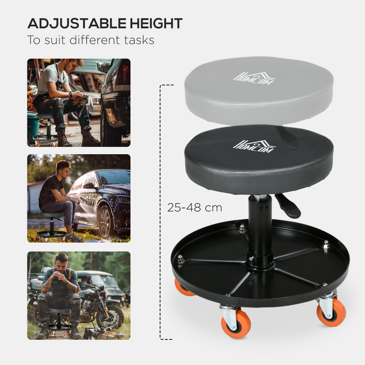 HOMCOM Adjustable Mechanic Stool with Tool Tray, Wheels, Black