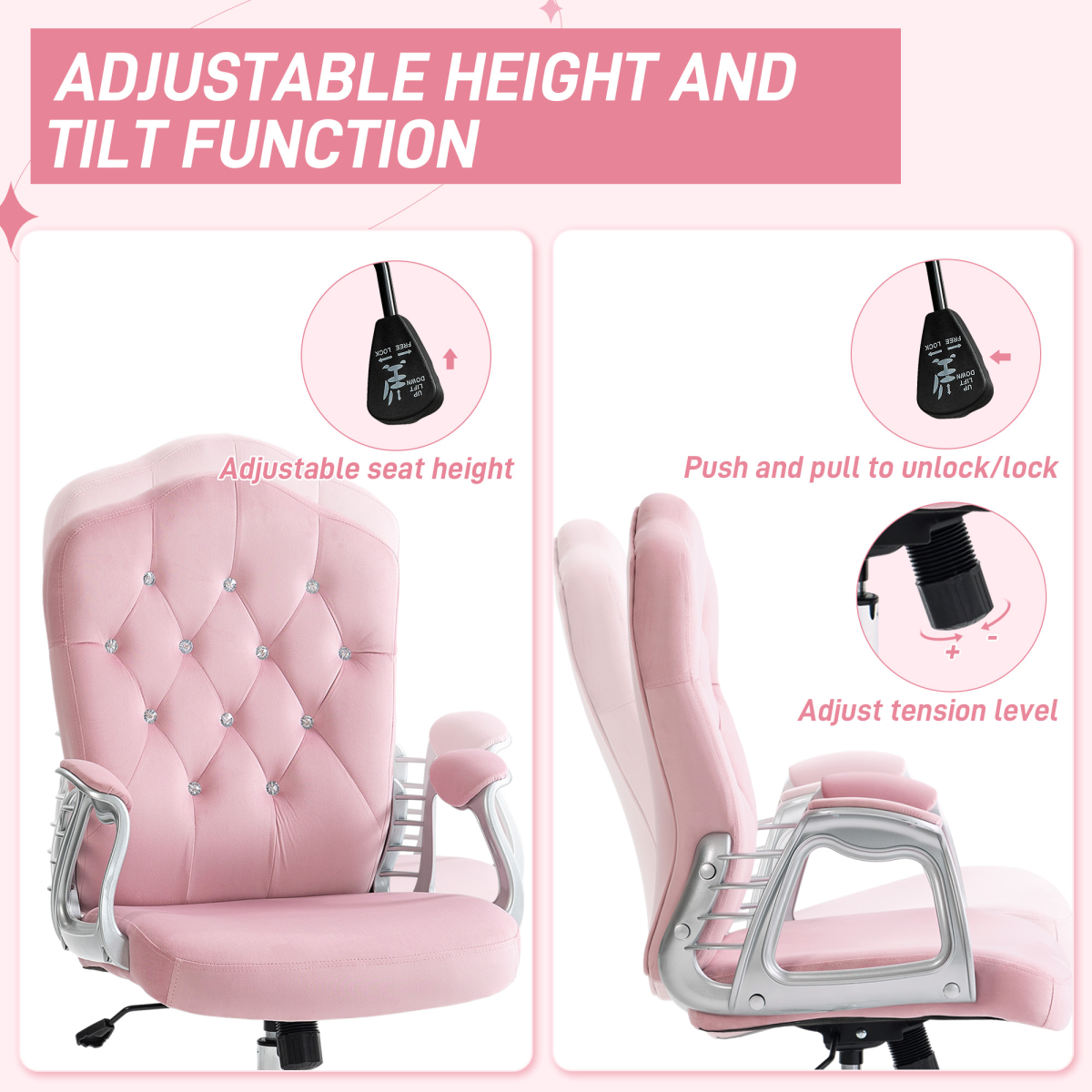 Vinsetto Pink Velvet-Feel Home Office Chair with Adjustable Height & Tilt