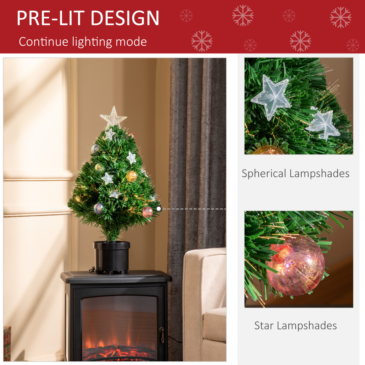 HOMCOM 2FT Pre-Lit Artificial Christmas Tree Tabletop with 60 Warm White LED Lights, Multicolor Fiber Optics, Black Pot, Green