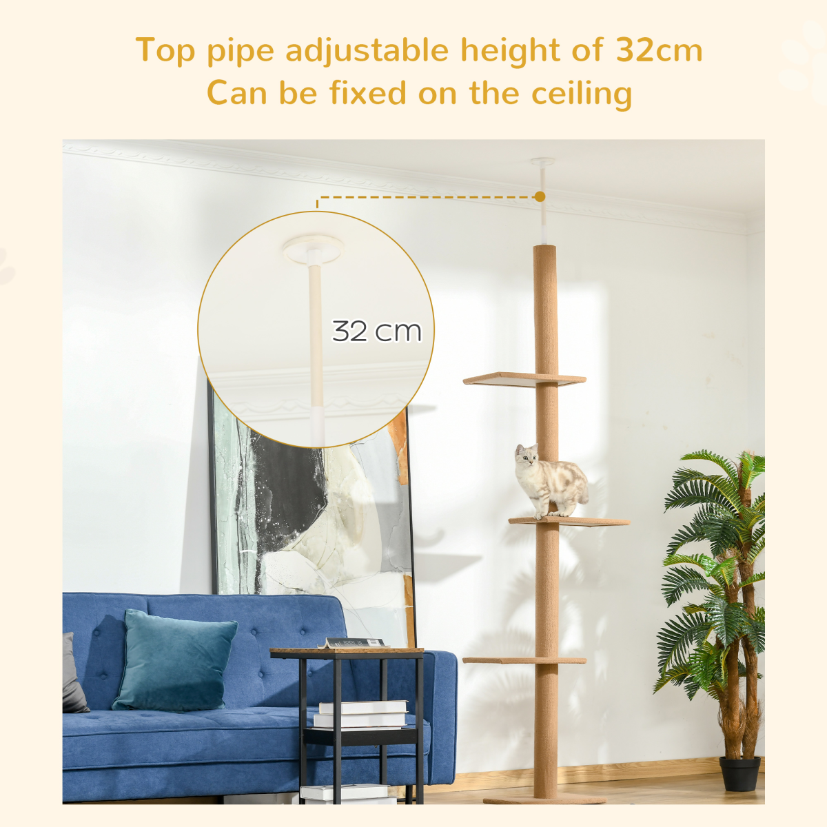 PawHut 260cm Floor-to-Ceiling Cat Tree for Indoor Cats, Adjustable Height, 4 Platforms, Brown