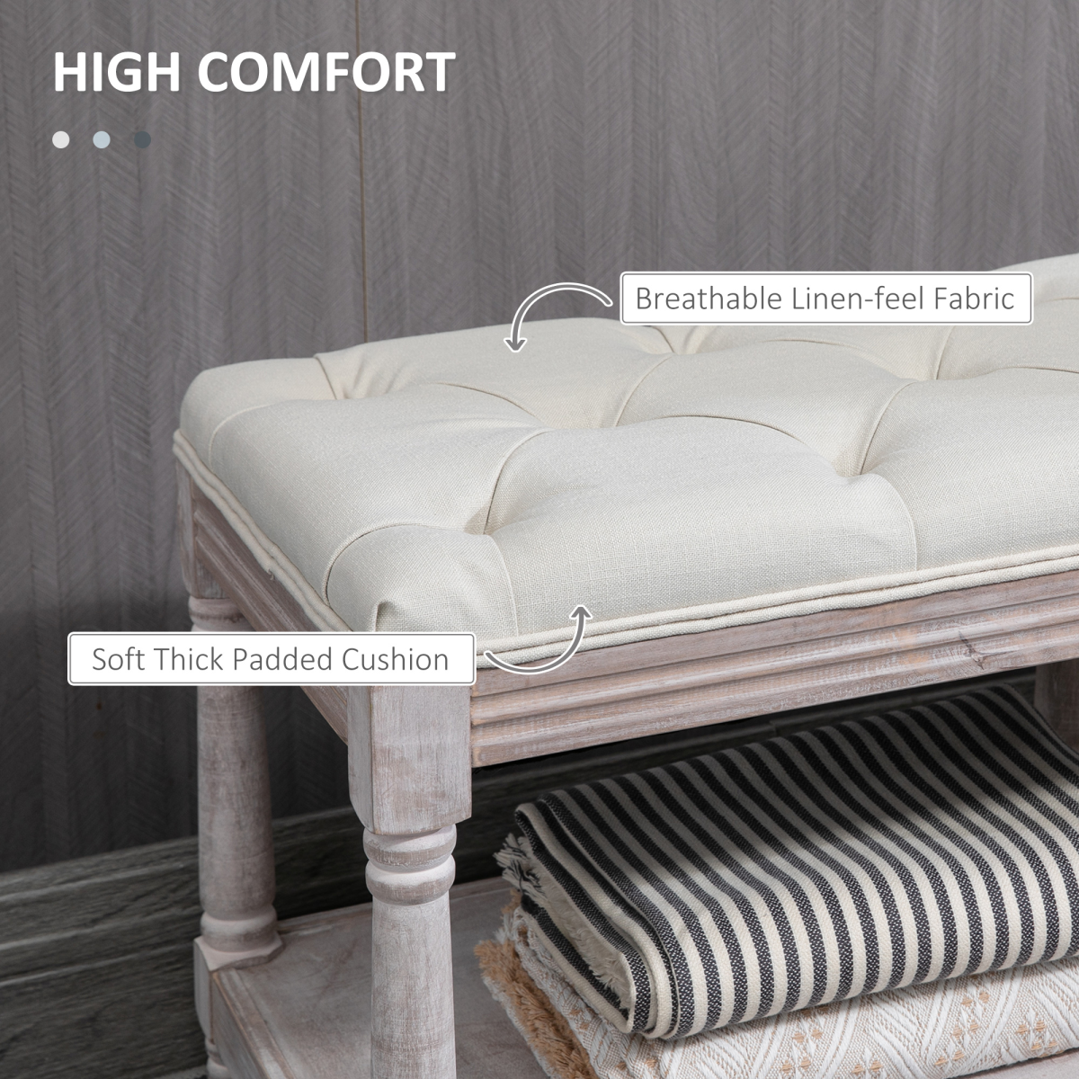 2-Tier Vintage Tufted Storage Bench, Cream White
