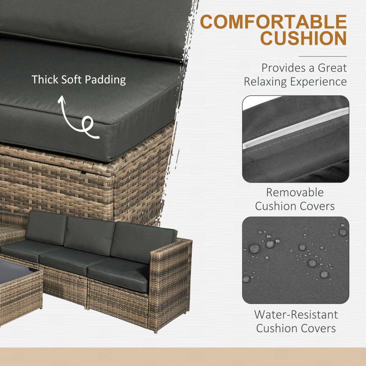 Outsunny 8-Piece Patio Rattan Sofa Set with Cushions, Tempered Glass Coffee Table and Corner Table