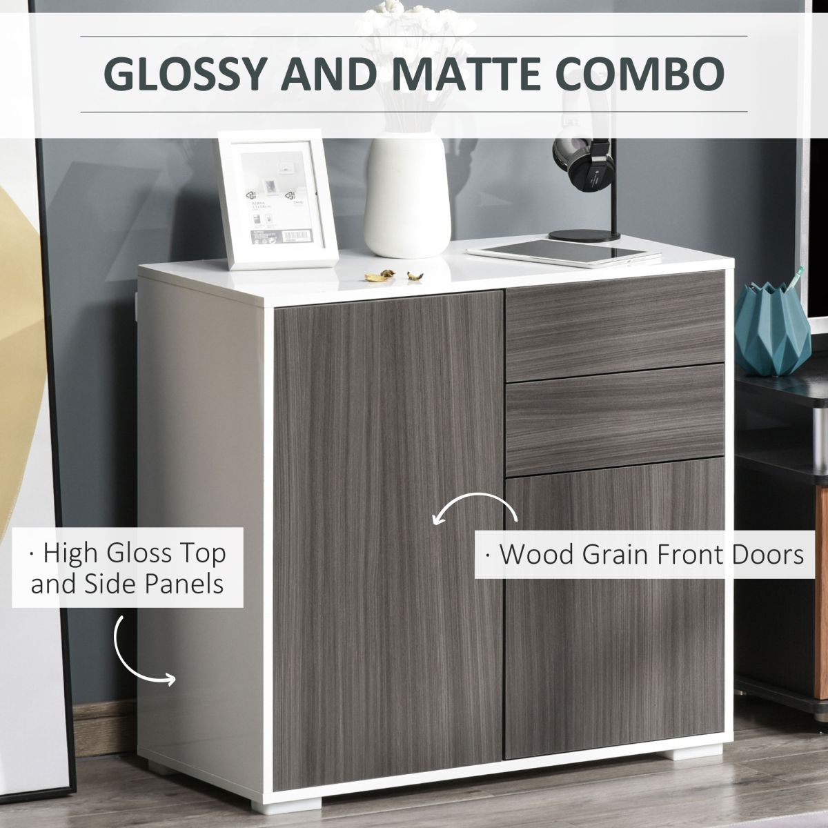 HOMCOM Grey Side Cabinet with 2 Doors and 2 Drawers for Home Office