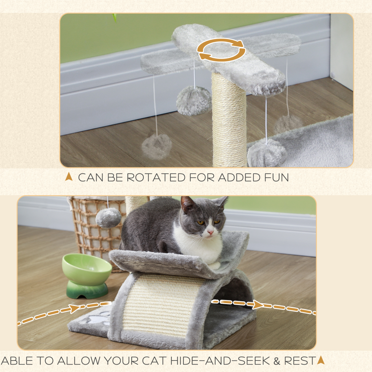 PawHut Small Cat Play Tower Plush Scratcher with Tunnel, Scratching Bridge and Dangling Balls