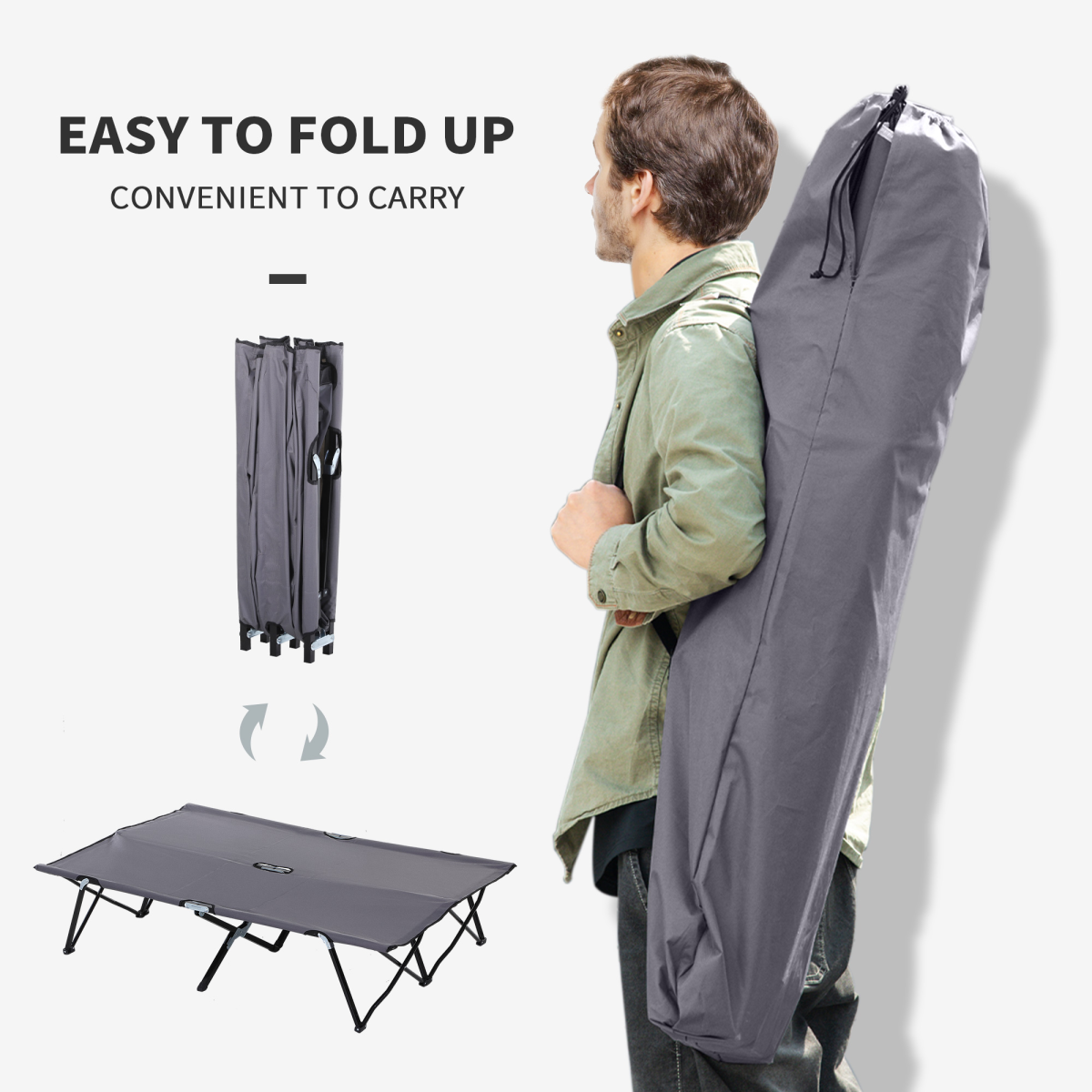 Outsunny Double Camping Folding Cot, Portable Outdoor Folding Sunbed with Carry Bag, Grey