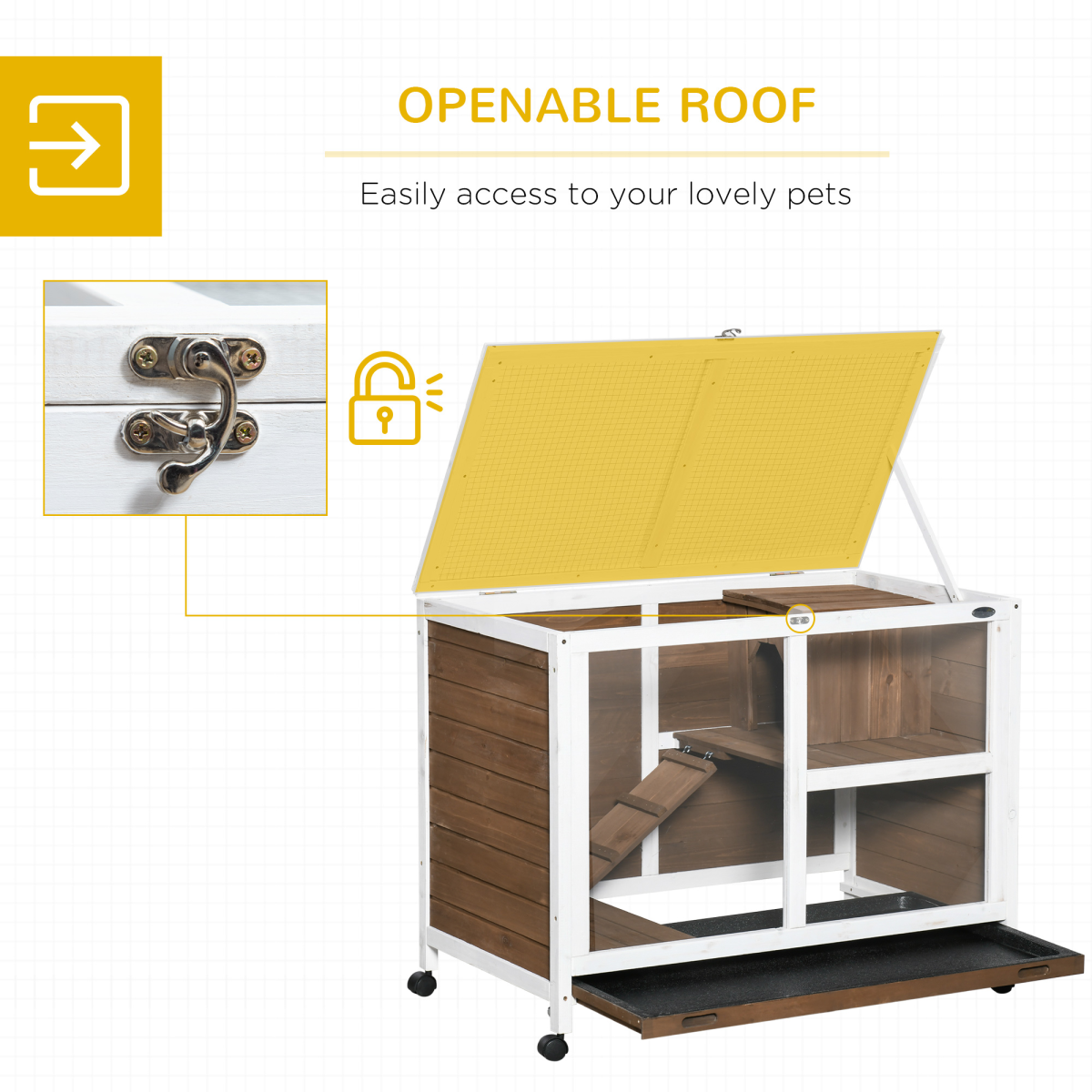 PawHut Indoor Two-Floor Fir Wood Rabbit Hutch with Pull-Out Tray, Ramp and Wheels, Brown