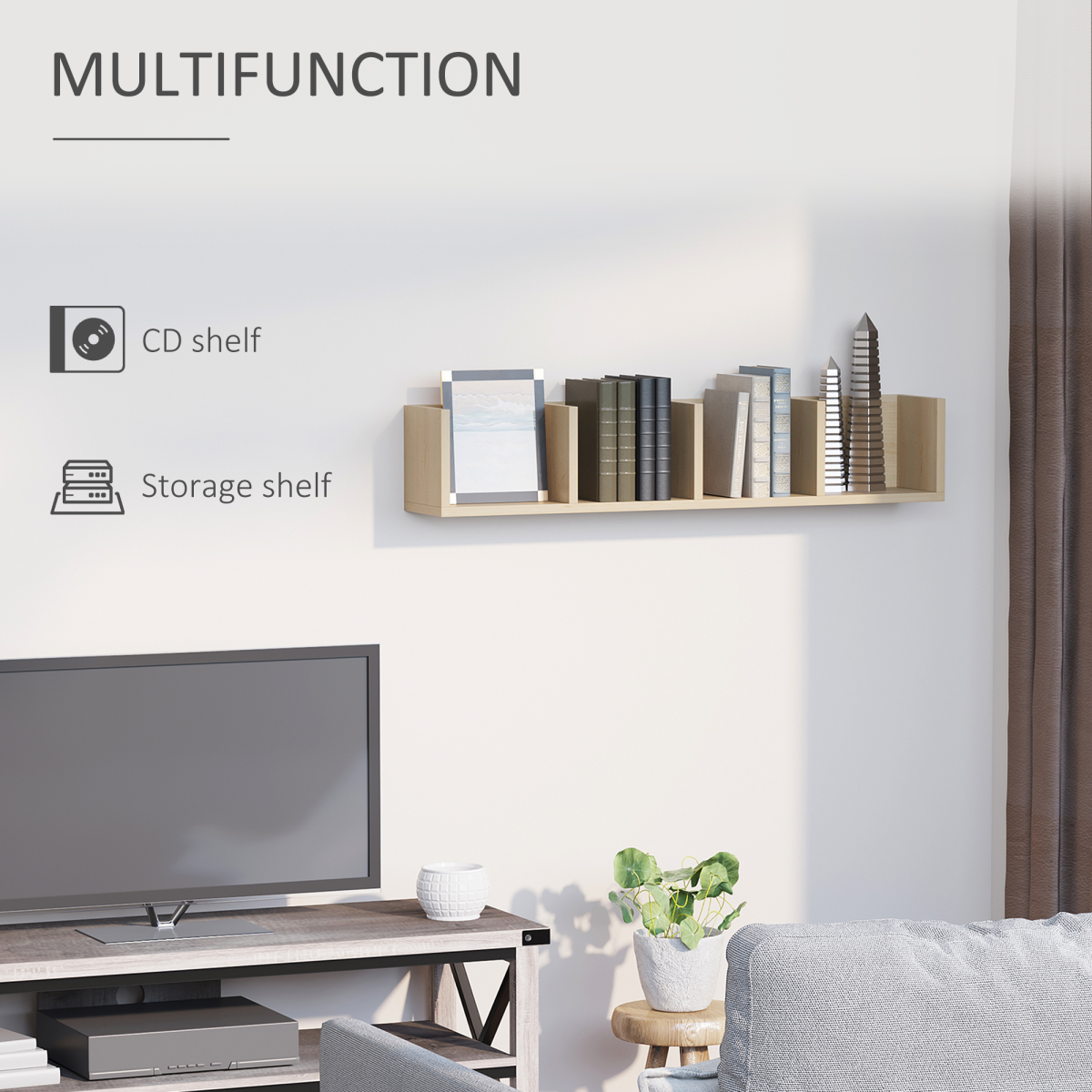 HOMCOM Wall Mounted CD Shelf, 4-Grid Multimedia Storage Organizer, Holds up to 60 CDs, Particle Board, Assembly Required
