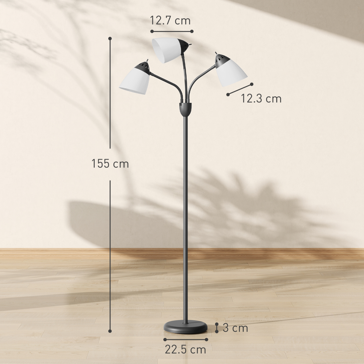 HOMCOM 3-Light Arc Tree Floor Lamp, Flexible Heads, Black, 3000K/4500K/6500K