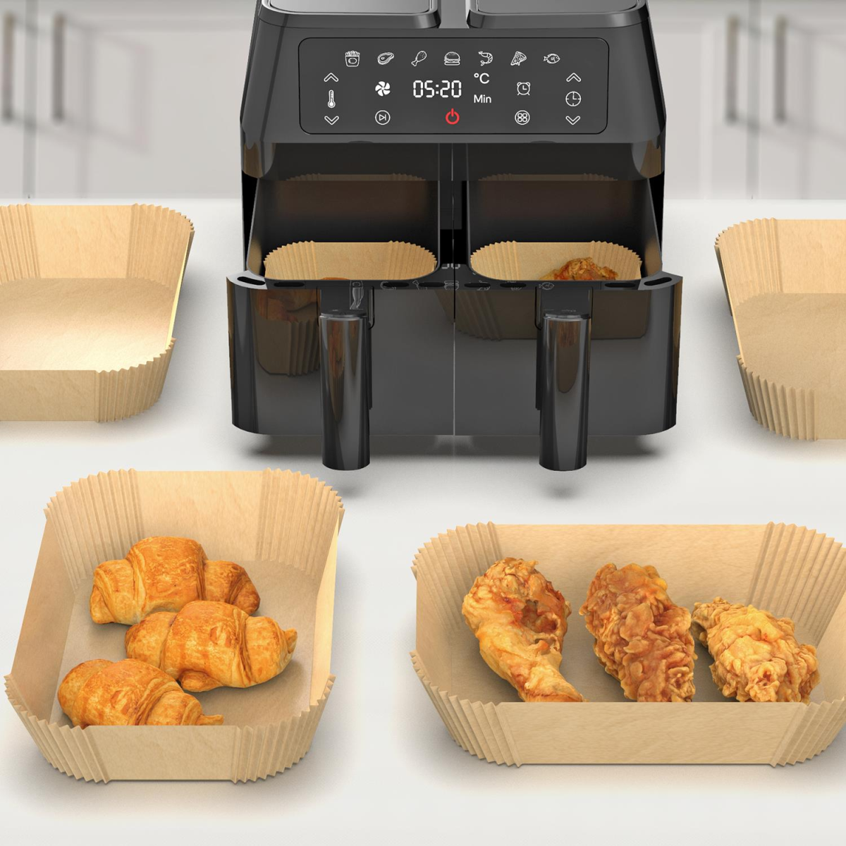 Vinsani 100 Pack Air Fryer Paper Liners, Non-Stick, Greaseproof, 21.8 x 14 cm, Wood Pulp with Silicone Coating