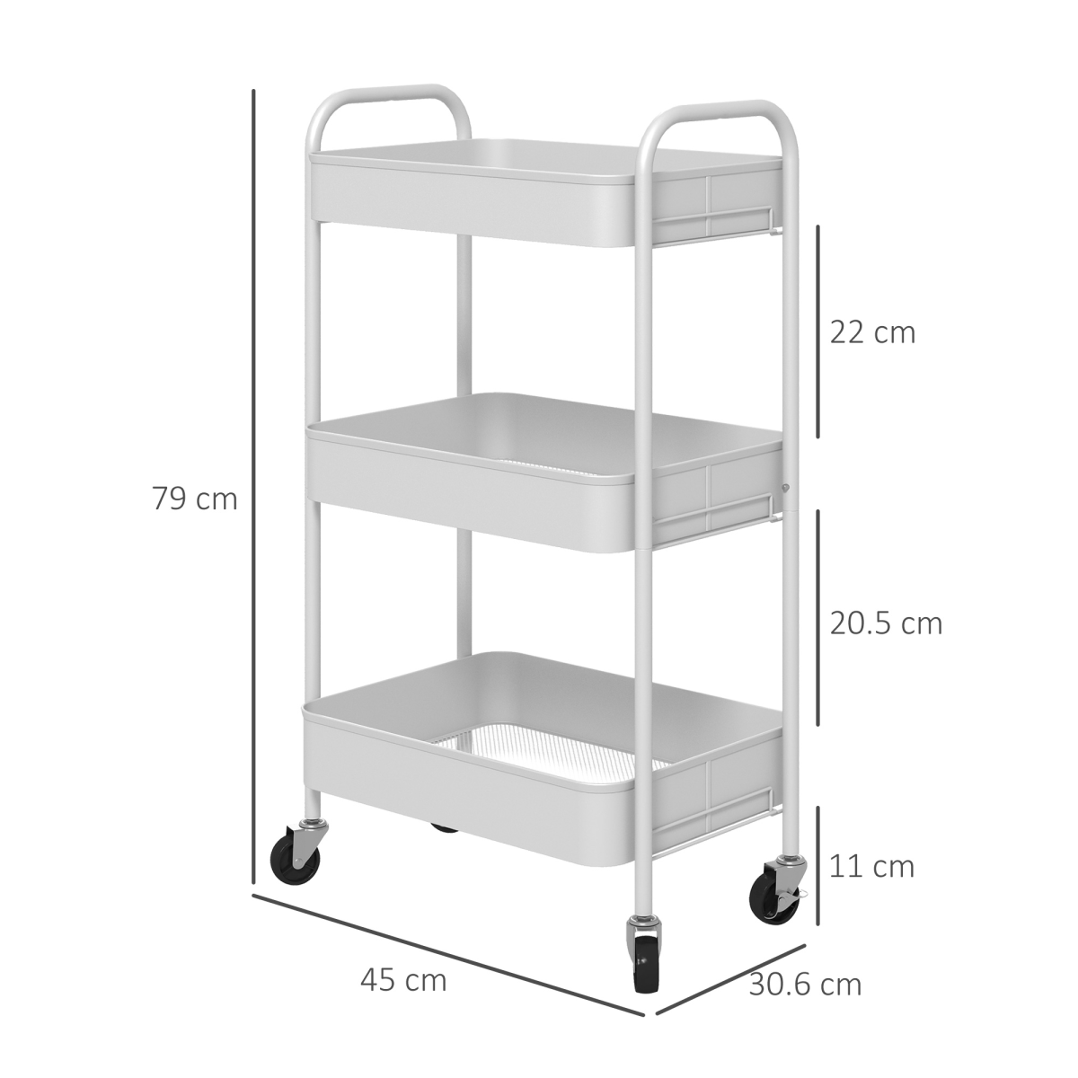 HOMCOM 3-Tier Rolling Utility Cart with Mesh Baskets, White