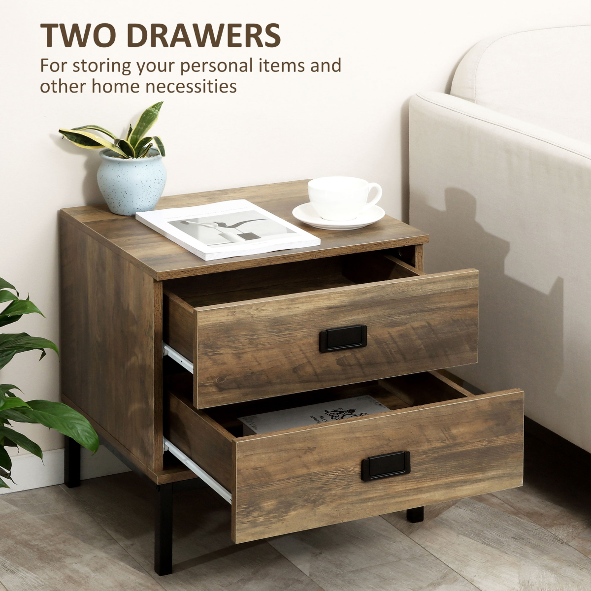 HOMCOM Metal Frame Bedside Table with 2 Drawers and Storage