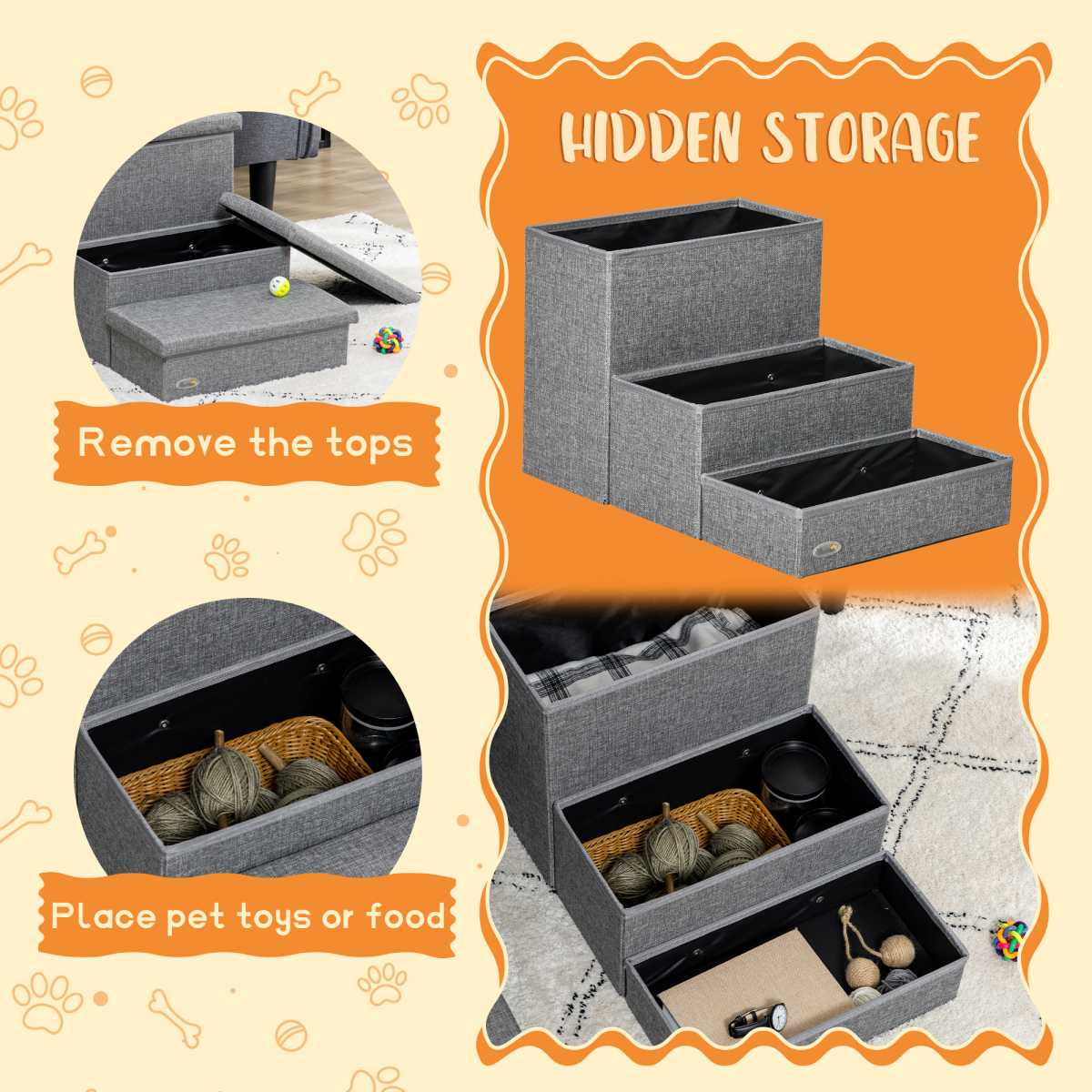 PawHut 3-Step Pet Stairs with Storage Boxes for Bed & Sofa, Light Grey