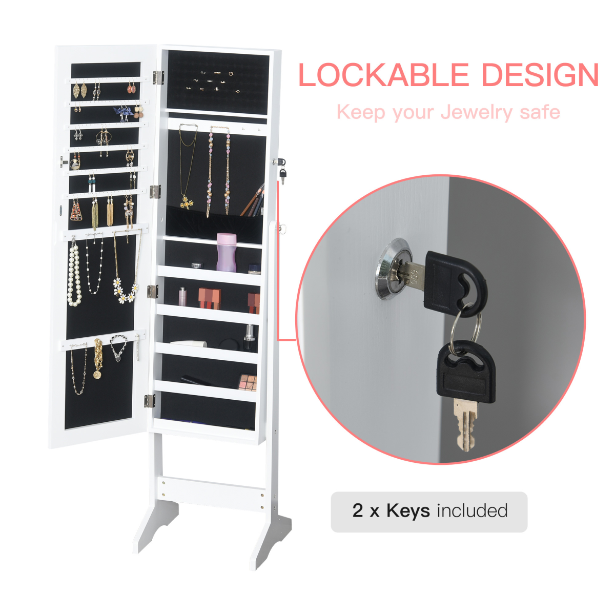 HOMCOM White Freestanding Full Length Mirror Jewellery Cabinet with Lock and Storage