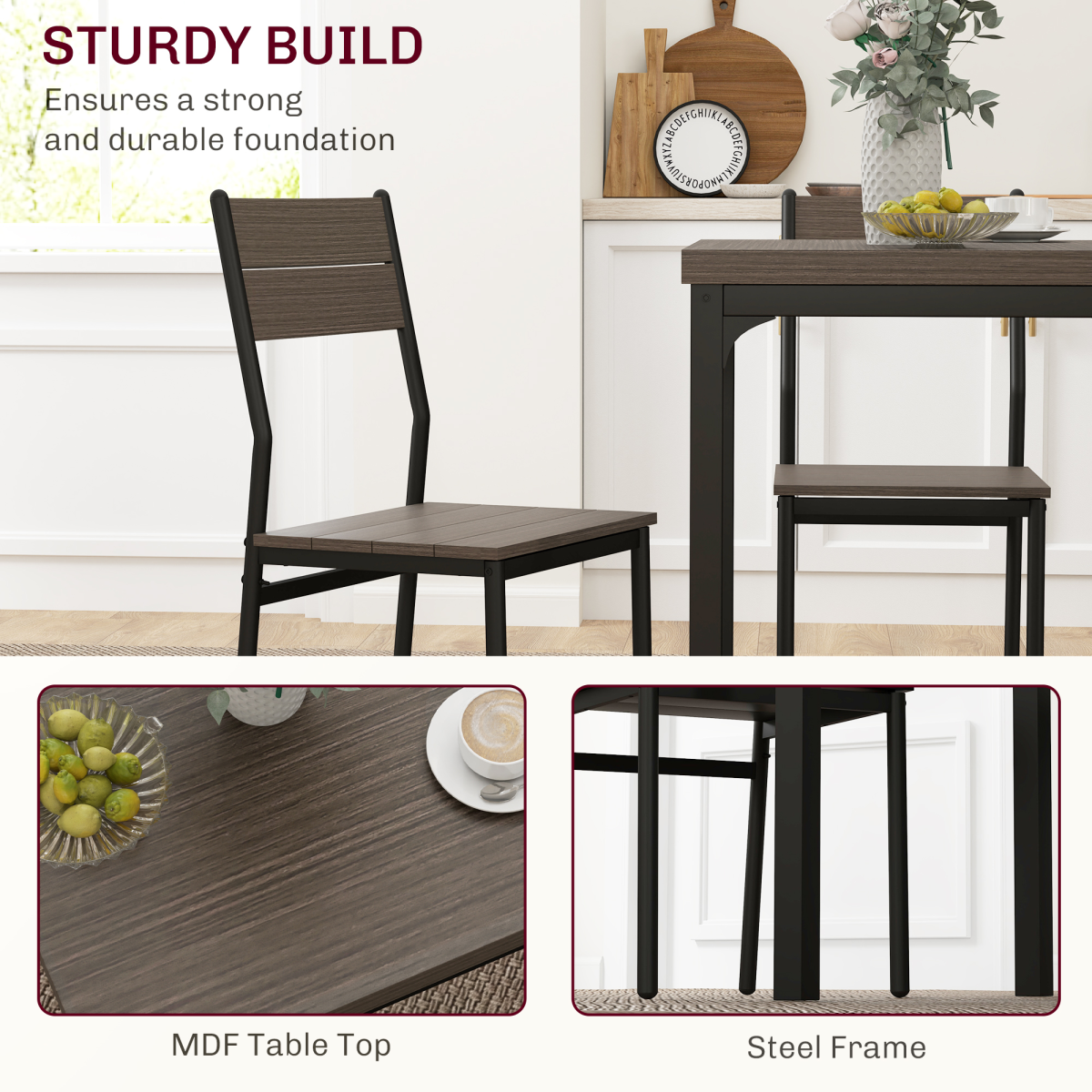 HOMCOM Compact Dining Table and 2 Chairs Set, Grey Wood Grain