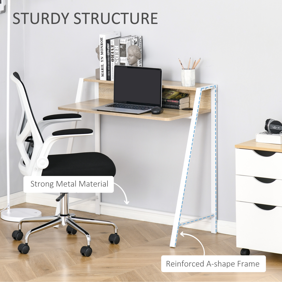 HOMCOM White and Oak Computer Workstation Storage Shelf, Two-Tier Tabletop, Steel Frame, 20kg Max Load