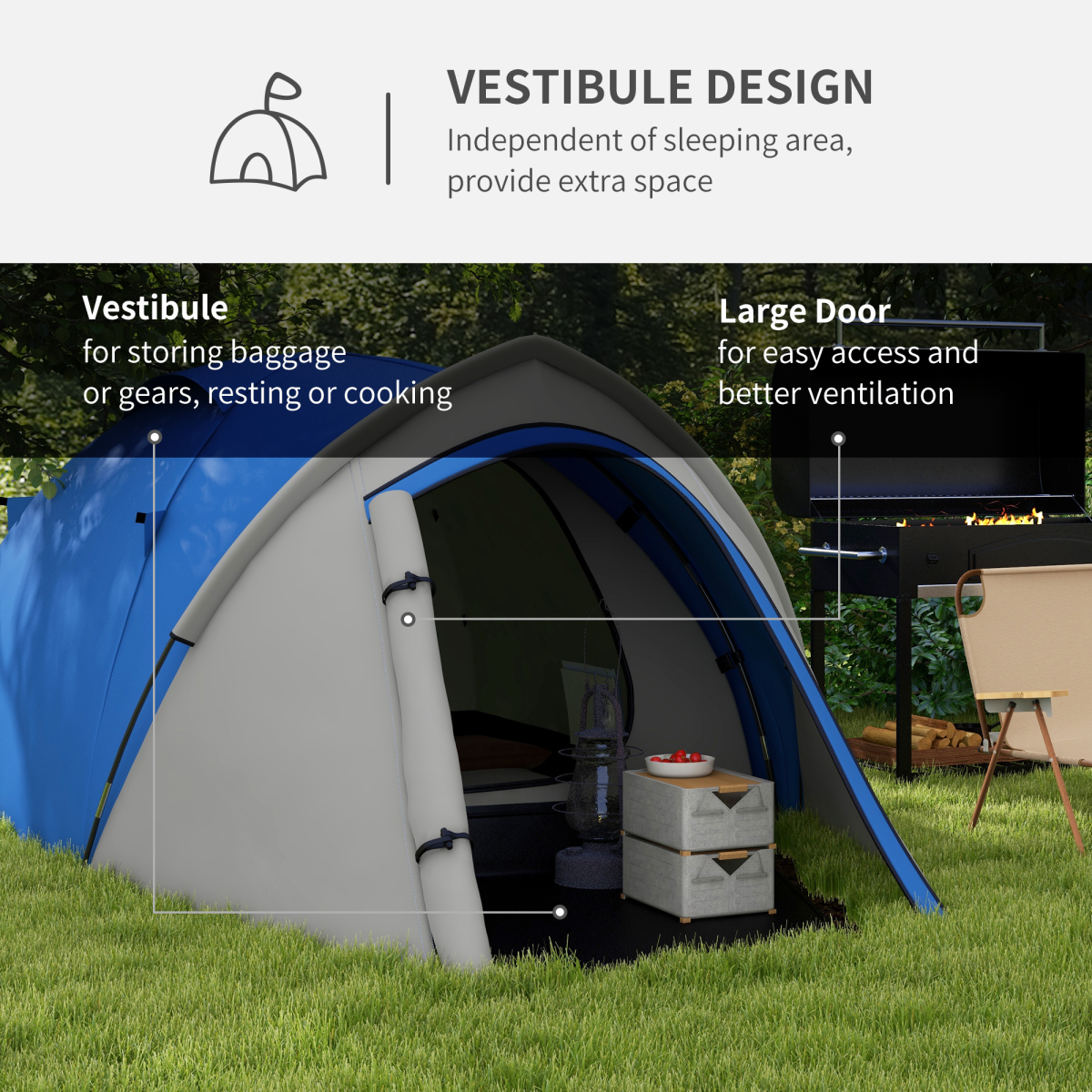 Outsunny Compact Camping Tent with Vestibule & Mesh Vents for Hiking Blue