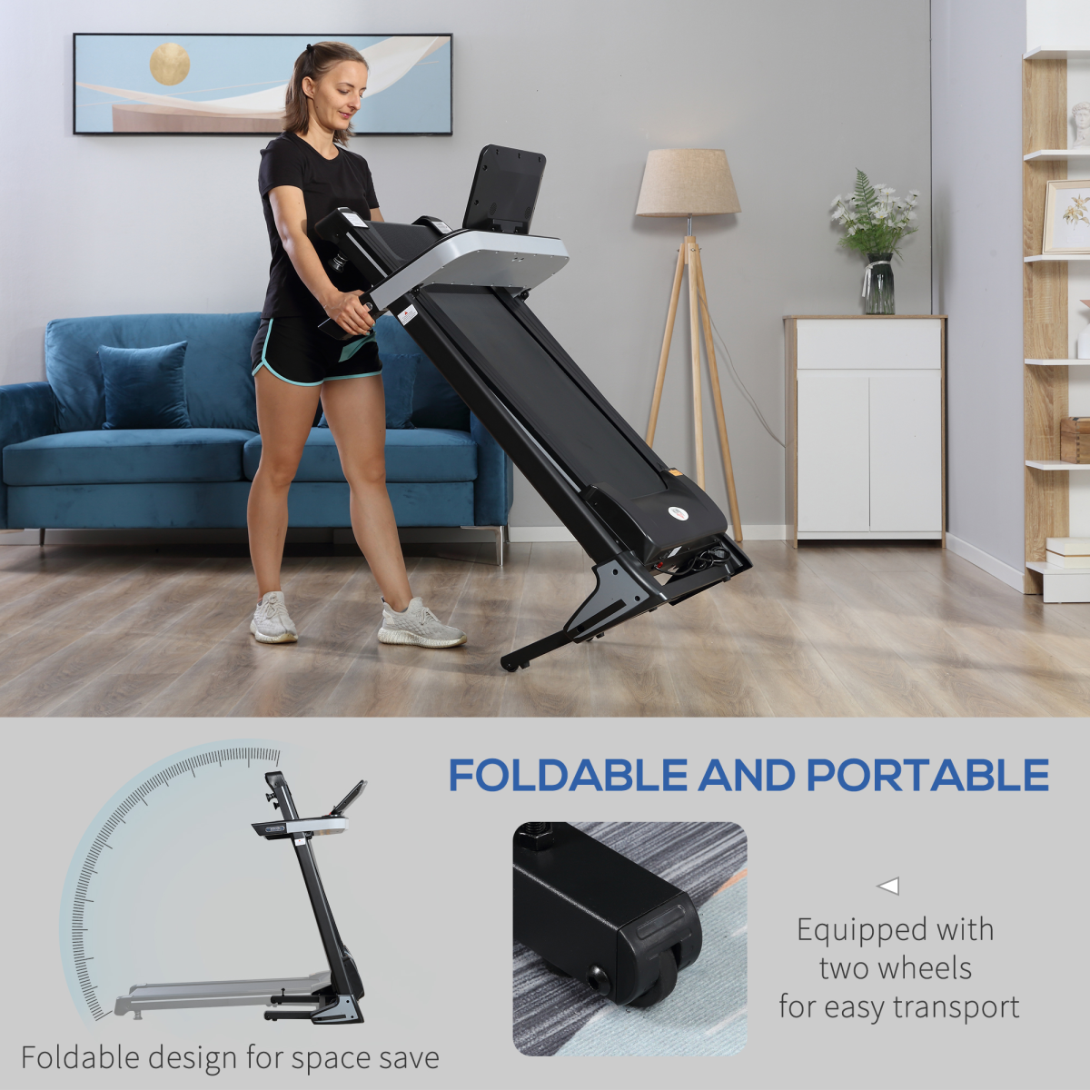 HOMCOM 500W Motorised Treadmill 1-12km/h Foldable Frame with Wheels, 12 Preset Programs, LCD Screen, Safety Key