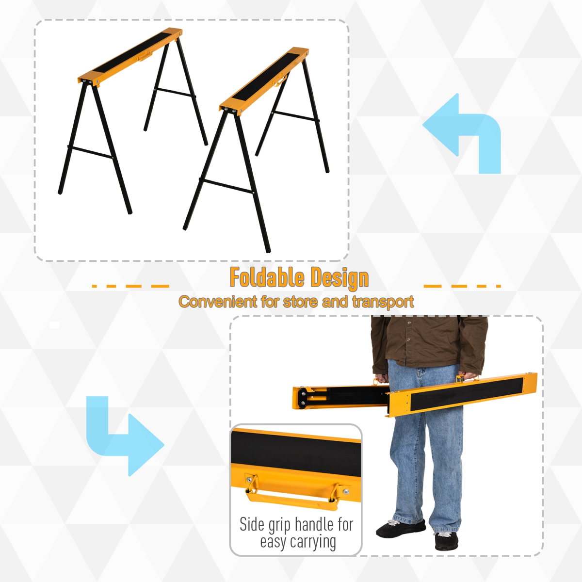 HOMCOM Set of 2 Steel Non-Slip Folding Sawhorses Black/Yellow