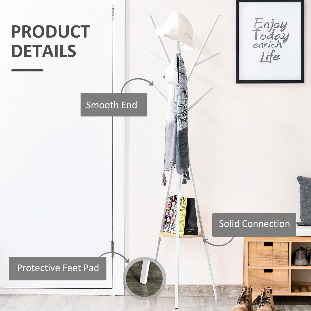 HOMCOM 180cm Metal Coat Rack Hall Tree with 9 Hooks and Bottom Shelf