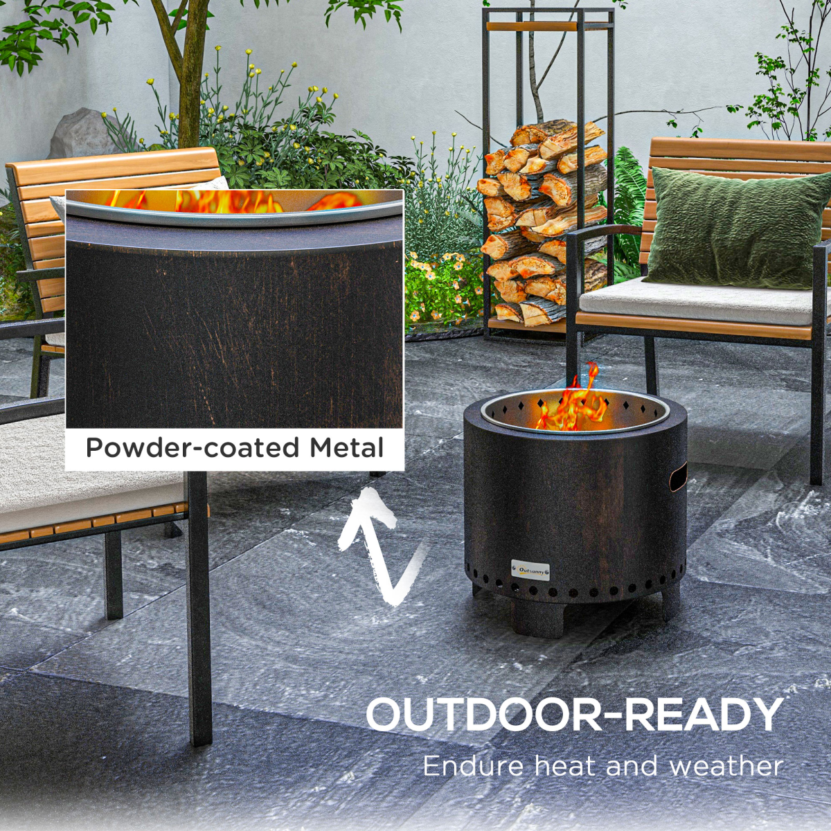Outsunny 45cm Smokeless Wood Burning Metal Fire Pit with Poker, Black