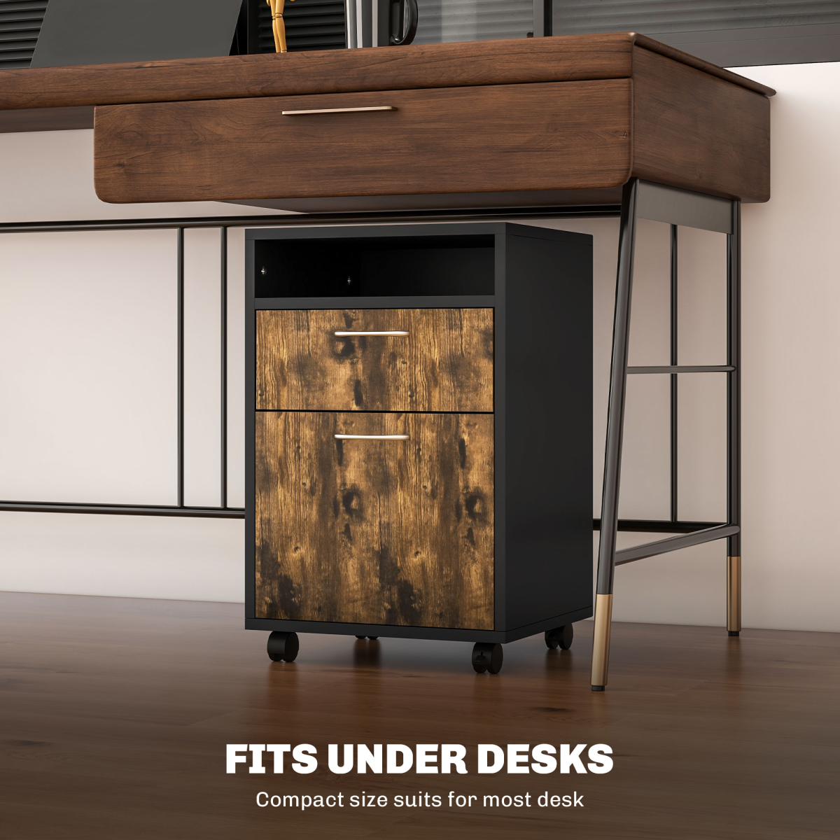 HOMCOM 60cm Storage Cabinet on Wheels with Drawer and Open Shelf, Rustic Brown