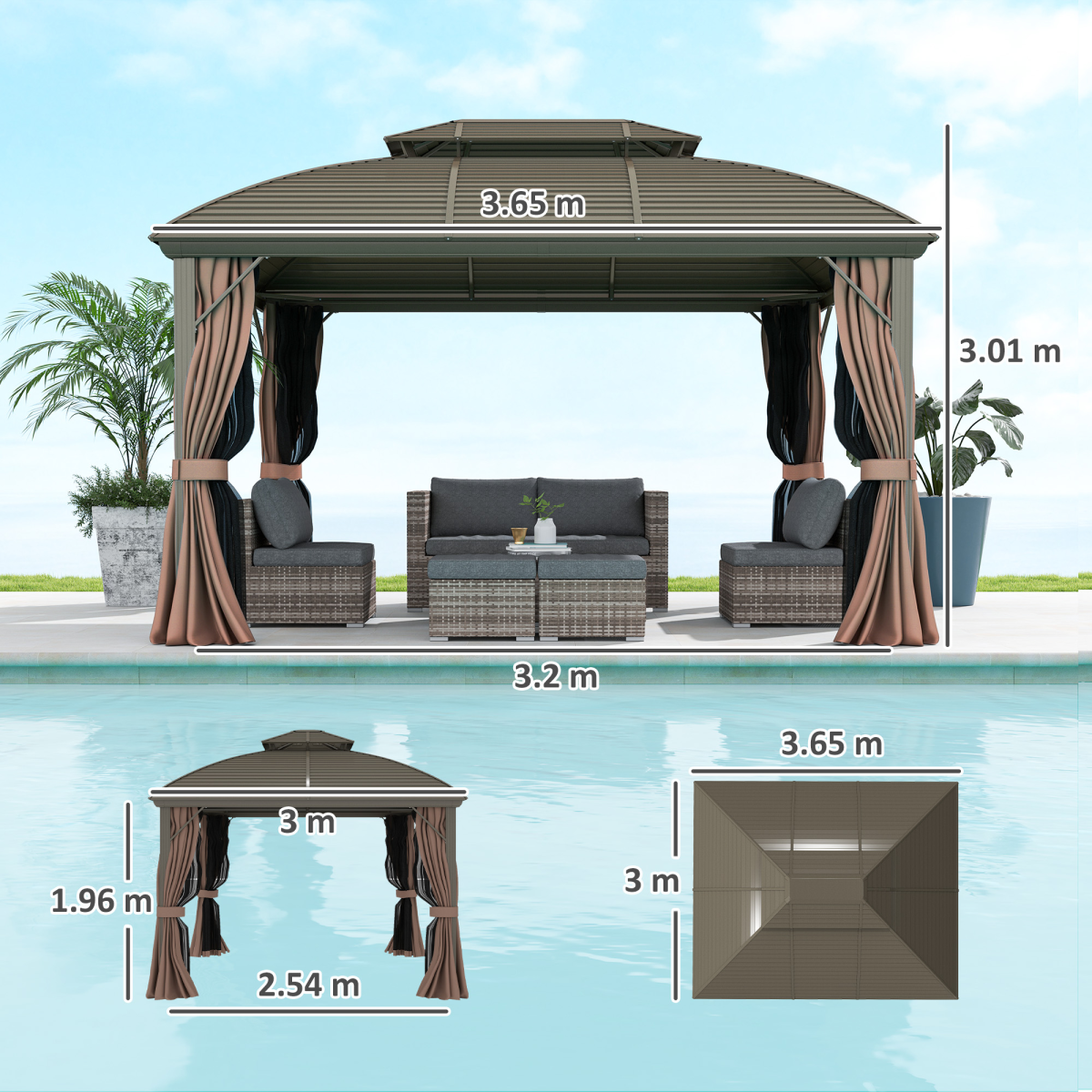 Outsunny 3.65 x 3m Aluminium Outdoor Gazebo with Hardtop Double Roof
