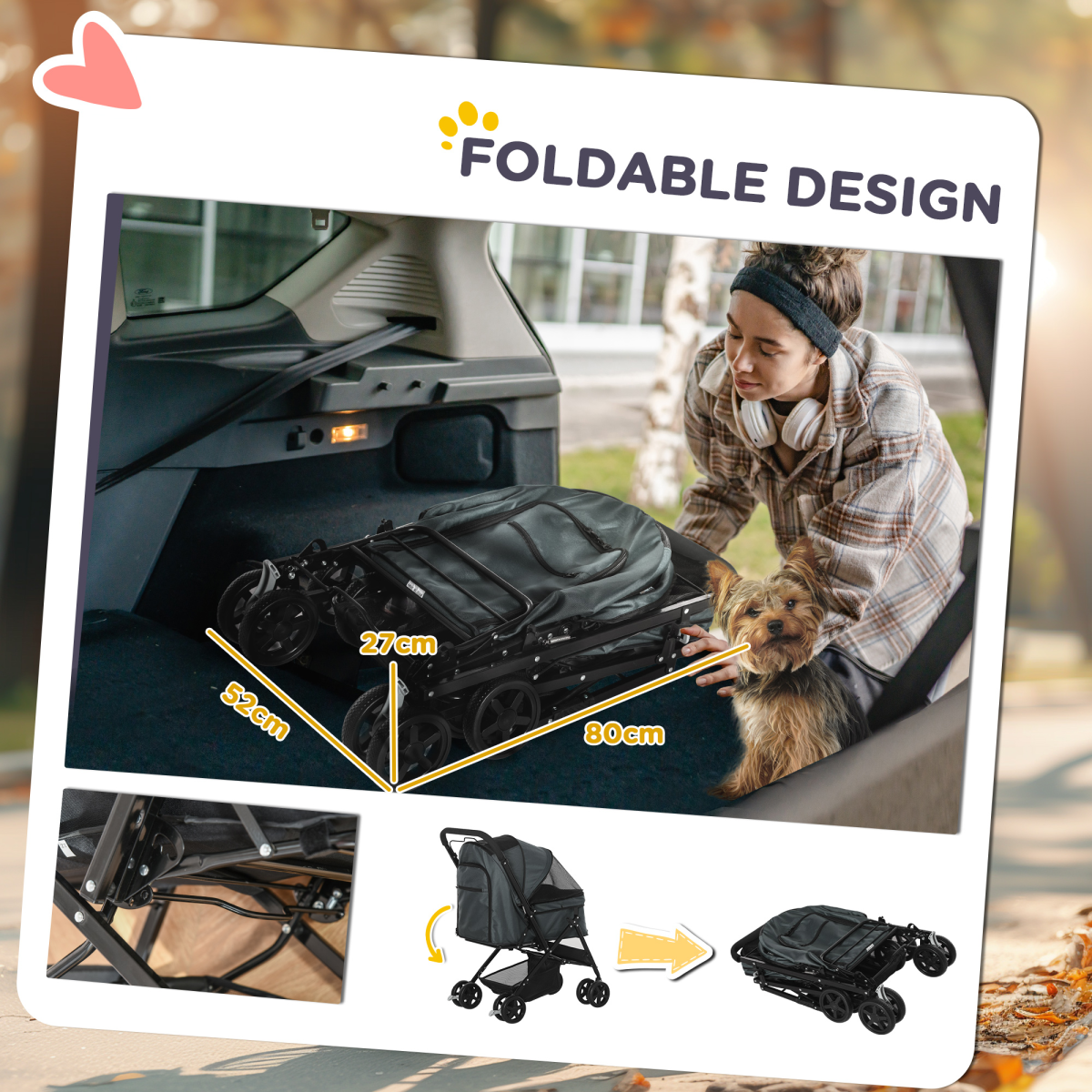 PawHut Foldable Pet Stroller with Reversible Handle, Grey