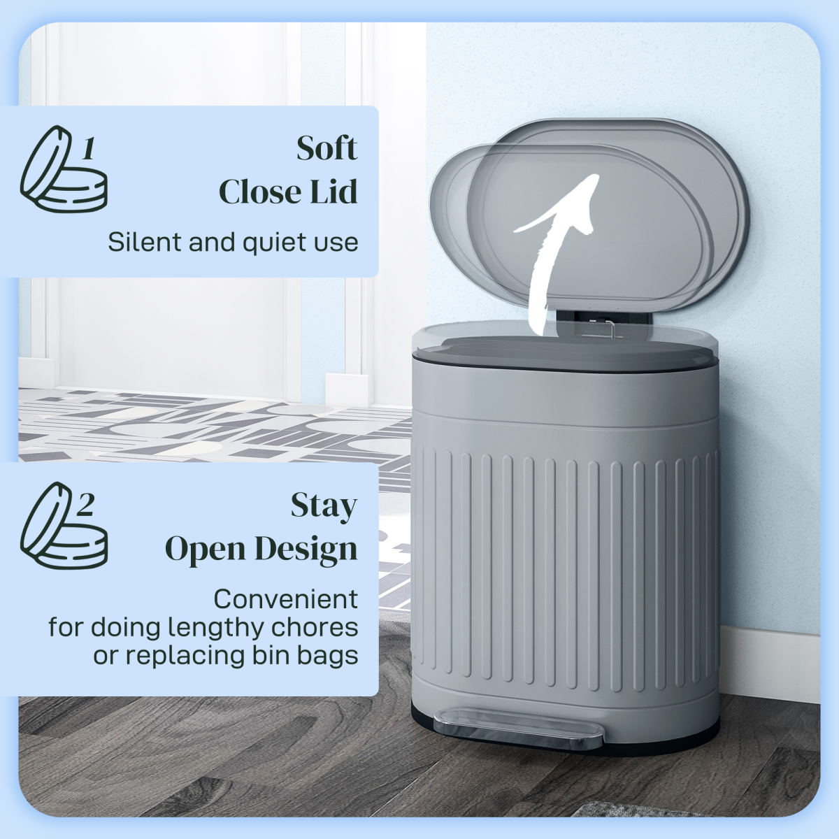 HOMCOM 20L Soft Close Pedal Bin with Stay-Open Lid - Grey