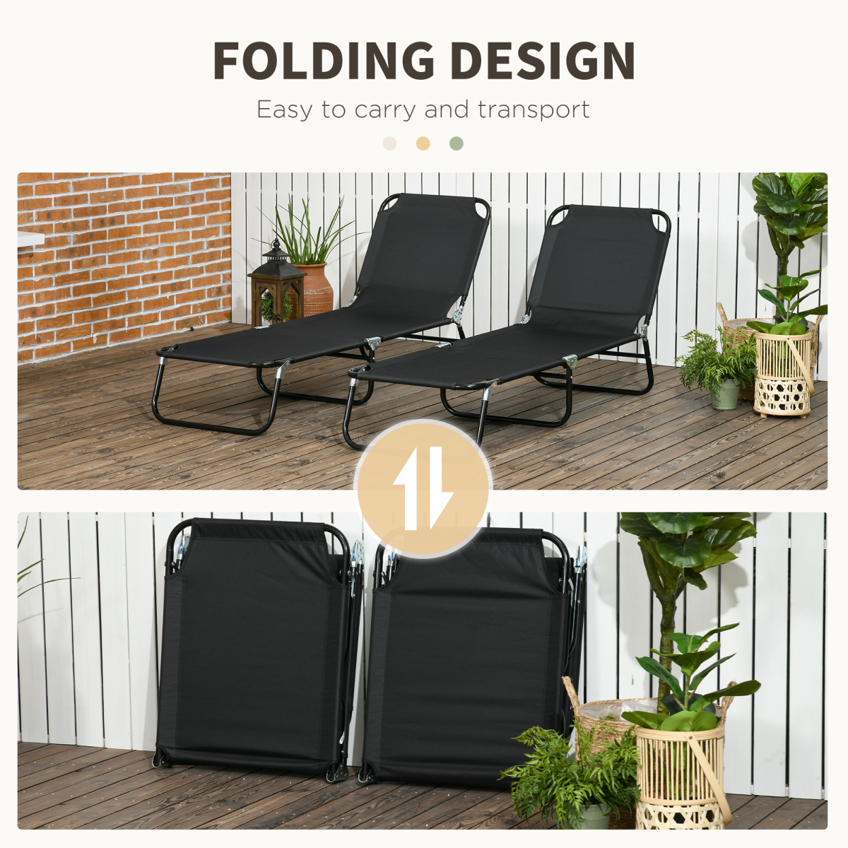 Outsunny Set of 2 Folding Sun Loungers with Adjustable Backrest, Black